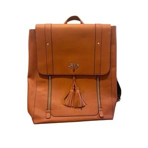 Estarer Tan Brown Faux Leather Flap Backpack Tassel Zip Pockets Gold Hardware